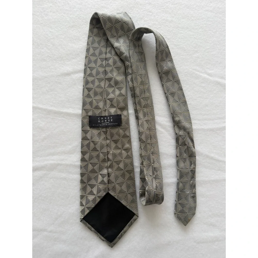 Crazy Horse Necktie Mens OS Geometric Square Gold Grey Silk Excellent